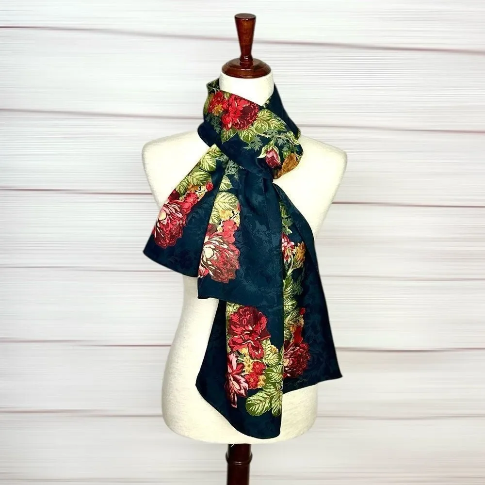 Ann Taylor Silk Oblong Scarf Large Black Jacquard Floral Print 18x70